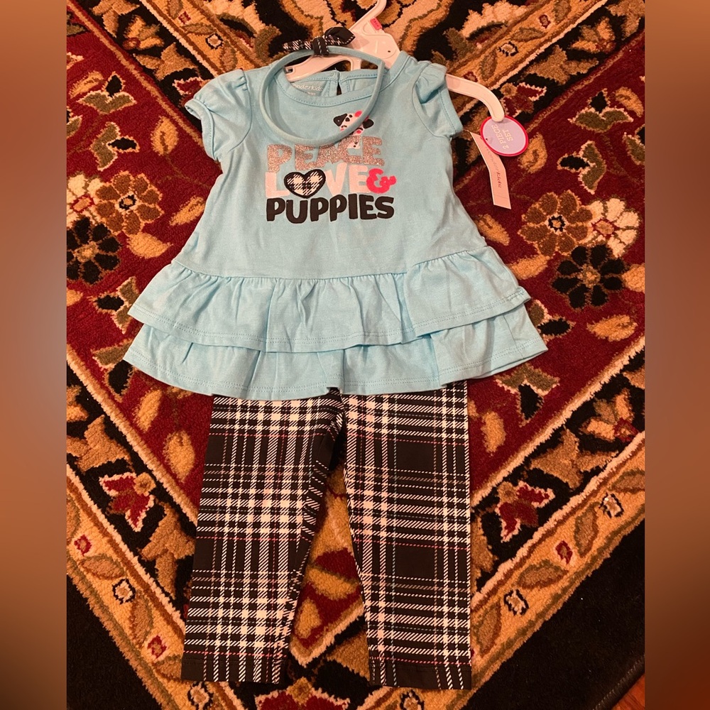12M Baby Girl Blue Ruffle Top and Plaid Leggings Set